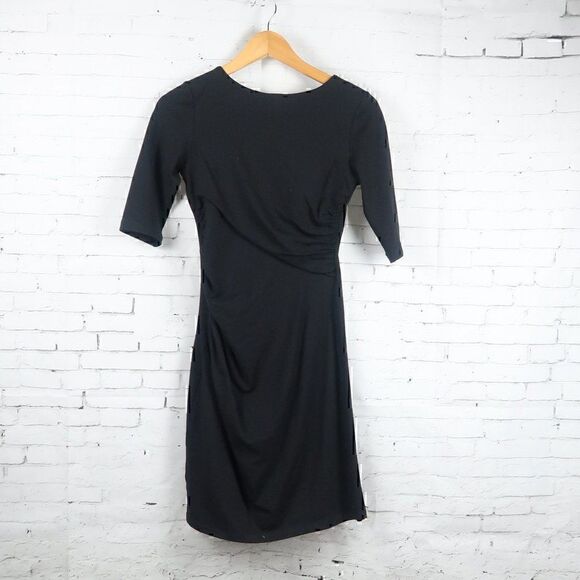 SUSANA MONACO BLACK 1/2 SLEEVE ROUND NECK RUCHED WAIST DRESS SIZE SMALL - Picture 1 of 9
